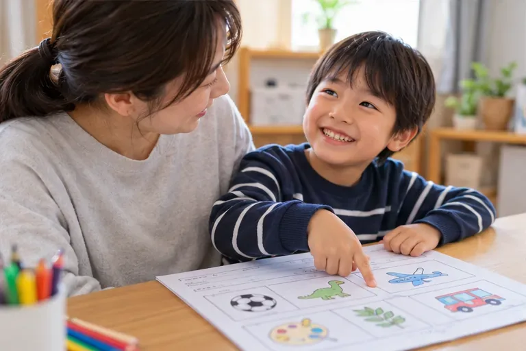 子どもが保護者とプリントを見ながら、できた課題の一つを指さして笑顔を見せている
