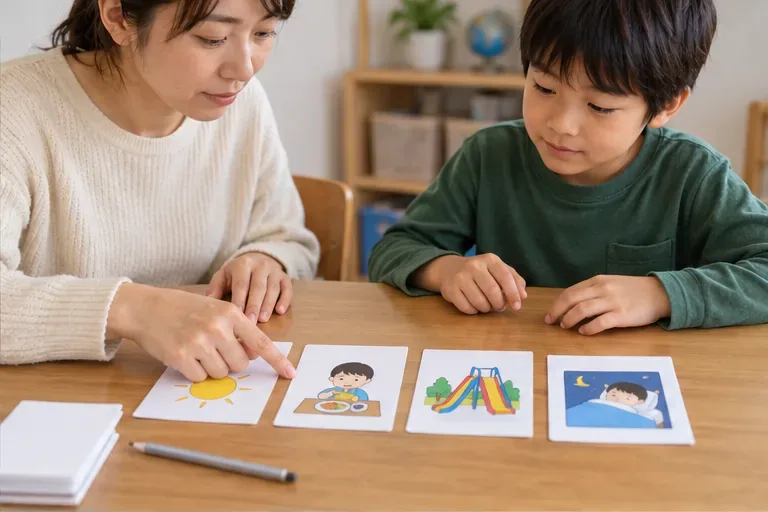 保護者と子どもが机に並べた絵カードを一緒に見て、活動や一日の流れを確かめている