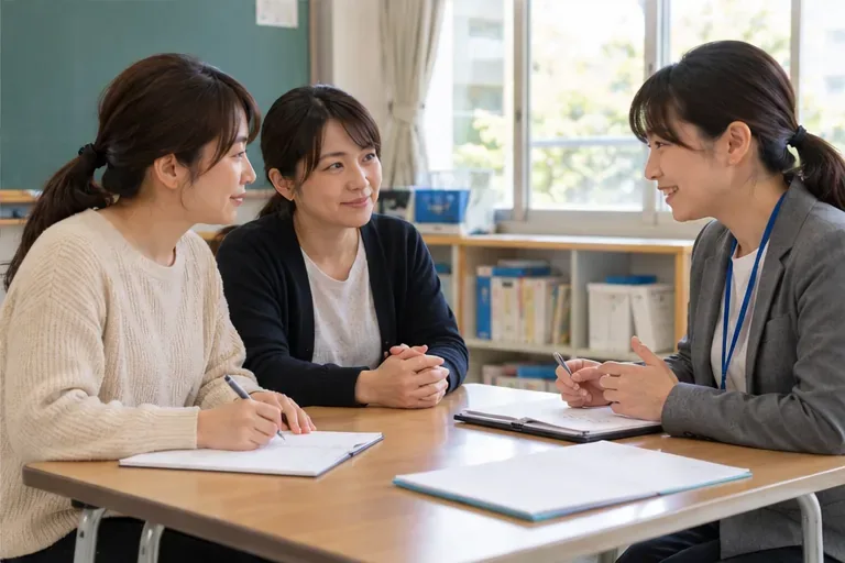 保護者が学校の先生と机を囲み、ノートを開いて子どもの学校生活について落ち着いて話し合っている