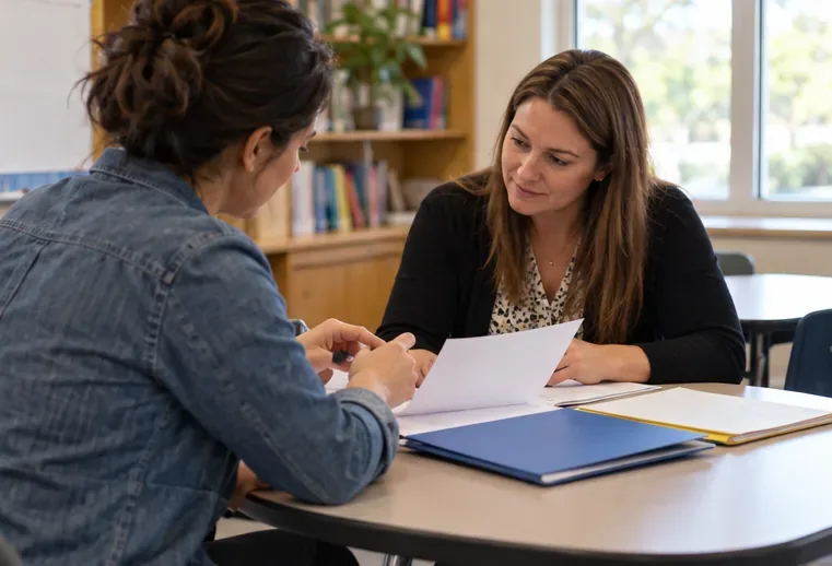 A caregiver and a teacher sit across a school table reviewing a sheet of paper and folders