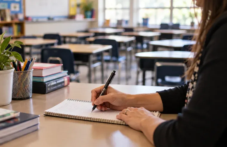 A teacher writes in a spiral notebook at a desk in a naturally lit classroom with empty desks behind
