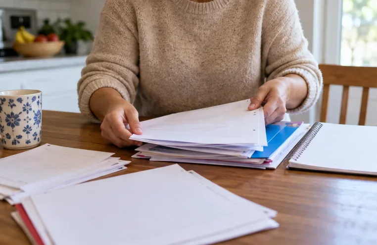 A caregiver sorts school papers beside an open notebook on a wooden kitchen table