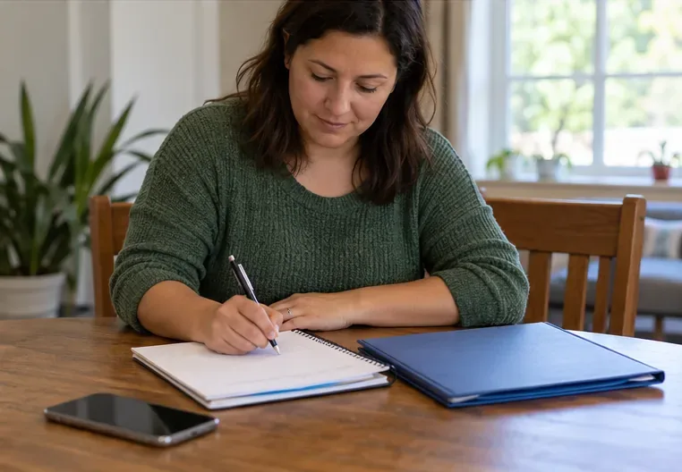 A caregiver writes notes at home beside a blue folder and a phone lying on the table