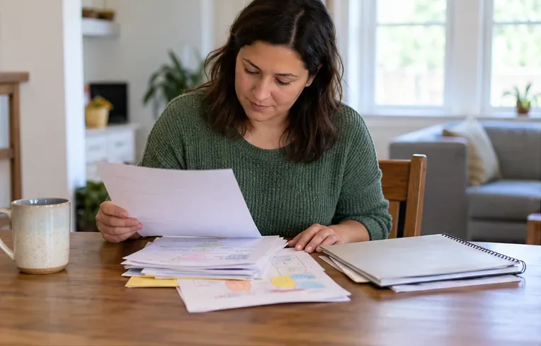 A caregiver reviews several school papers beside a notebook at a wooden table