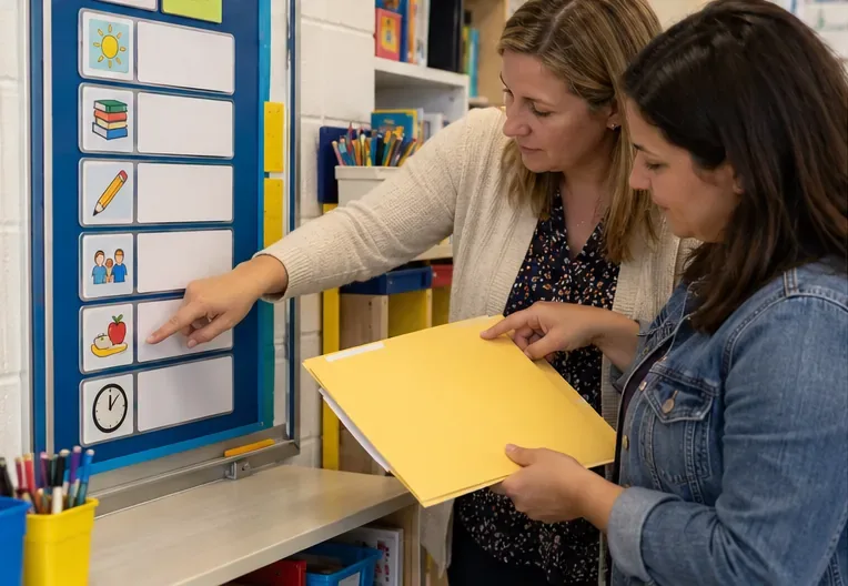 A teacher and caregiver point to a picture-based classroom schedule while holding an assignment folder