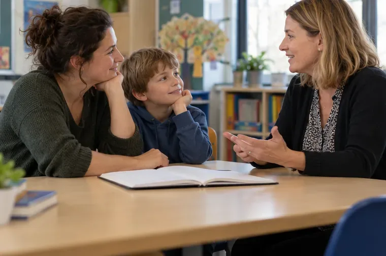 Ein Elternteil, ein Schulkind und eine Lehrkraft sitzen gemeinsam an einem Tisch mit einem offenen Notizbuch