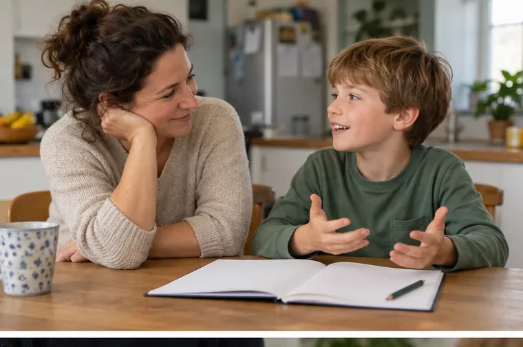 Ein Elternteil spricht mit einem Schulkind an einem Tisch; vor ihnen liegen ein geöffnetes Notizbuch und ein Stift