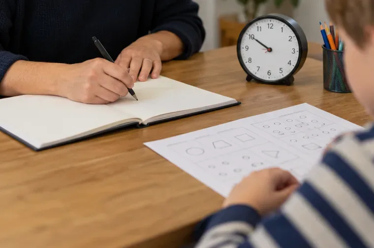 Eine erwachsene Hand notiert etwas in ein leeres Notizbuch neben einer analogen Uhr und einem Arbeitsblatt mit Formen