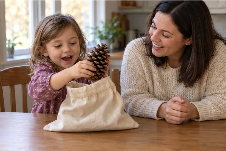 A child lifts a large pinecone from a cloth bag while a caregiver listens at the table.