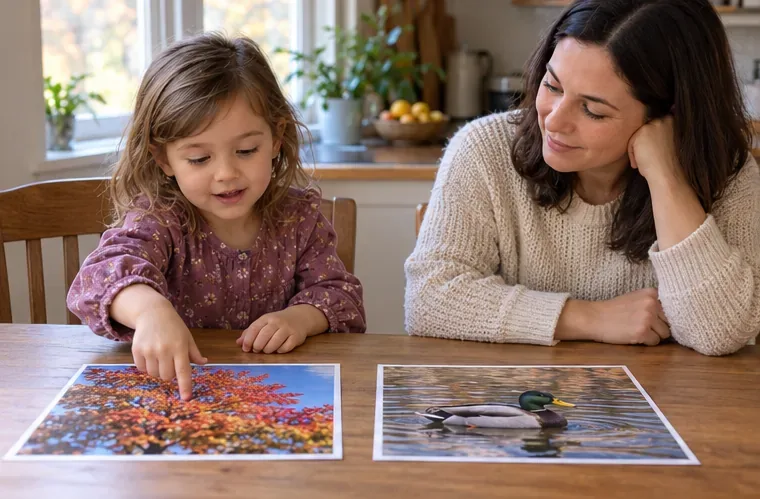 A child points to a printed autumn tree photo beside a duck photo while a caregiver watches at a kitchen table.
