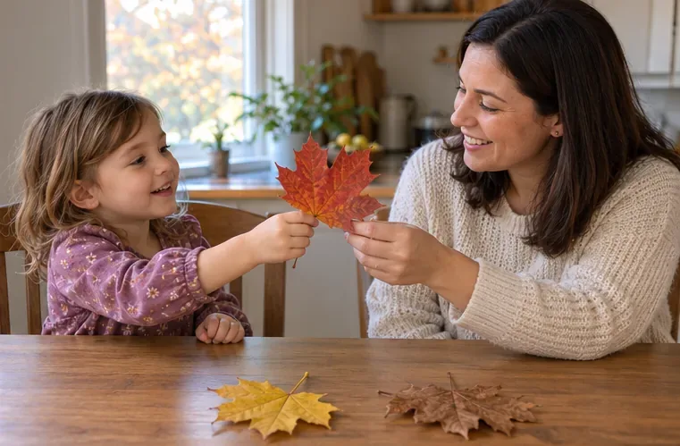 A child holds a large red fall leaf toward a caregiver, with two other large leaves on the table.