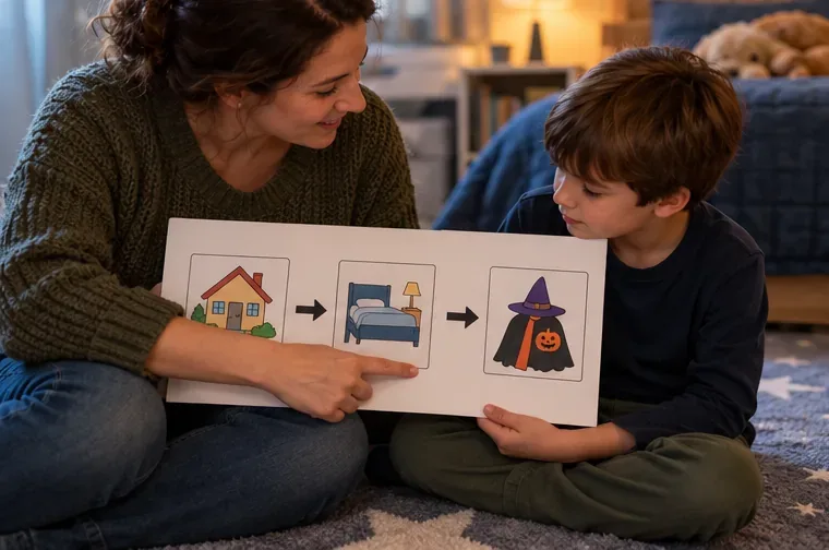 A caregiver and child review a picture sequence showing home, a quiet room, and a costume activity.