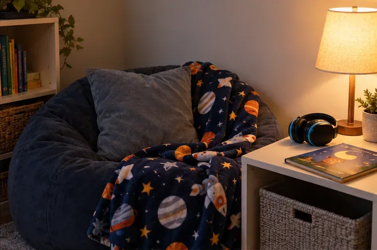 A soft chair, familiar blanket, book, lamp, and headphones are arranged in a calm corner.