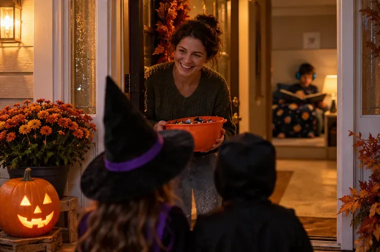 A caregiver greets trick-or-treaters while a child reads in a quiet room behind her.
