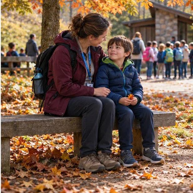 A teacher checks in with a child seated on a quiet bench near an autumn field trip group