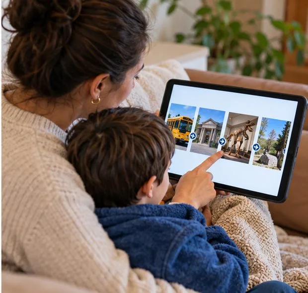 A caregiver and child review a tablet showing a bus, building, exhibit, and outdoor destination in sequence