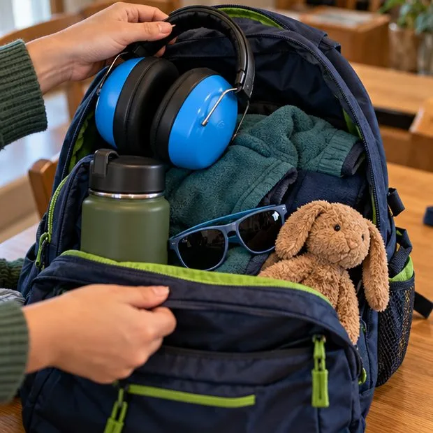 A small backpack contains blue hearing protectors, sunglasses, a water bottle, a familiar soft toy, and a warm layer