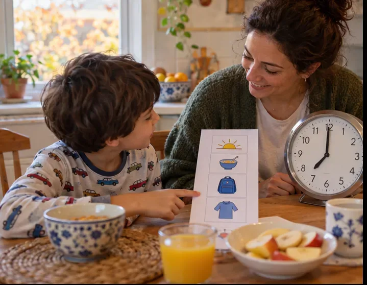 Una madre y su hijo revisan una rutina visual durante el desayuno junto a un reloj analógico