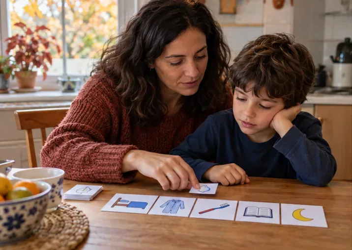 Una madre y su hijo ordenan tarjetas con dibujos de pijama, cepillo, libro y luna sobre la mesa