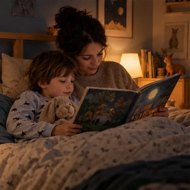 Une adulte et un enfant lisent ensemble un livre illustré dans une chambre doucement éclairée avant le coucher