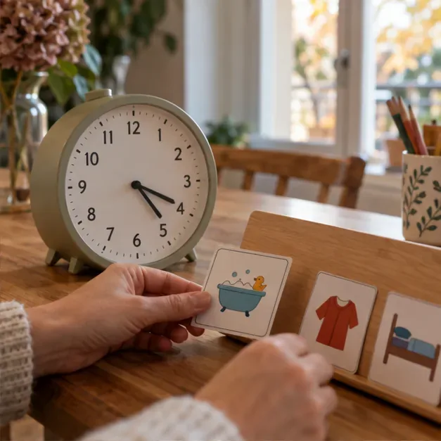 Des mains déplacent une carte de bain sur une petite séquence visuelle posée près d’une horloge analogique