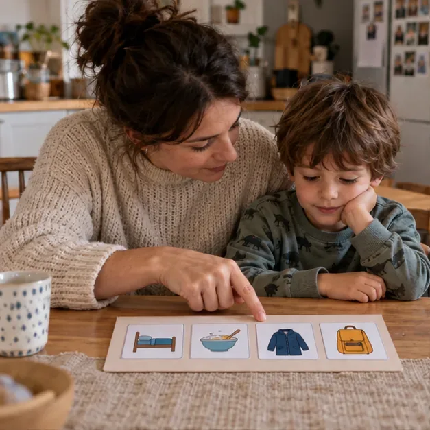 Une adulte et un enfant regardent quatre cartes illustrant le lit, le repas, le manteau et le cartable sur une table de cuisine