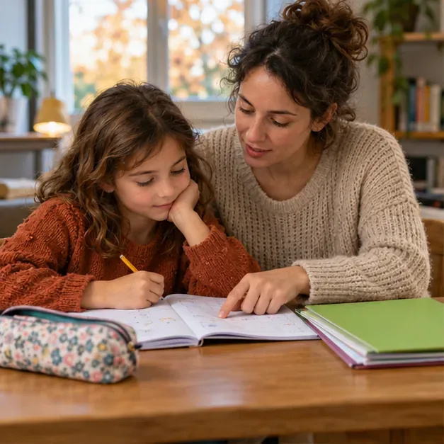 Una niña y una adulta consultan juntas un cuaderno abierto en una mesa, junto a un estuche y carpetas