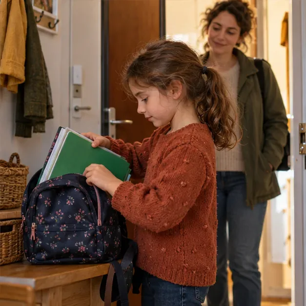 Una niña introduce una carpeta verde en la mochila junto a la puerta mientras una adulta observa