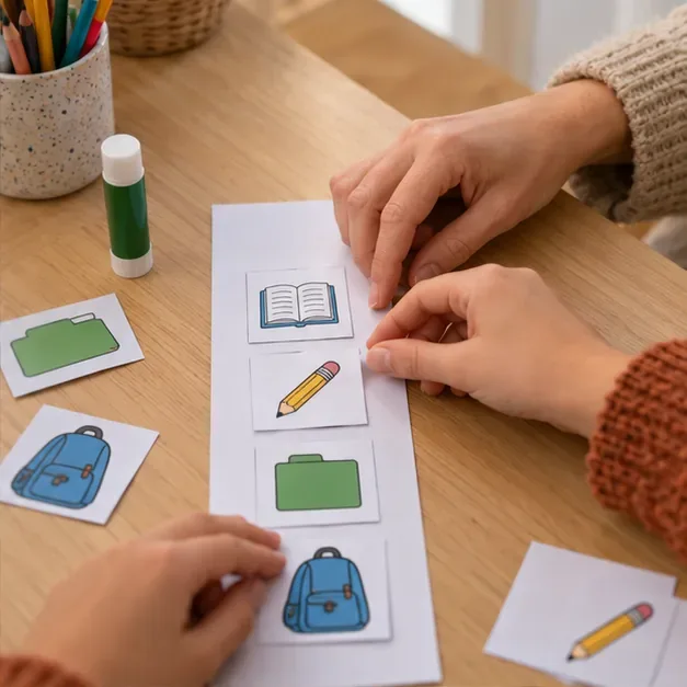Manos colocan cuatro tarjetas con dibujos de libro, lápiz, carpeta y mochila sobre una tira de papel
