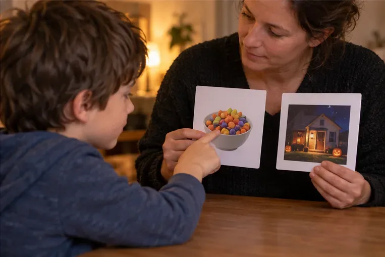 Un enfant pointe une carte illustrée pendant qu’un adulte lui présente deux images et l’écoute attentivement.