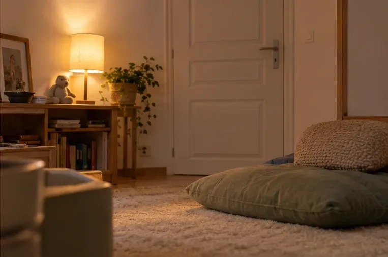 Une pièce familiale peu encombrée avec une porte intérieure fermée, un fauteuil bas, des coussins et une lampe à lumière douce.