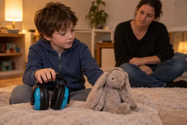 Un enfant assis sur un tapis regarde un casque antibruit posé près d’une peluche familière, tandis qu’un adulte reste à proximité.