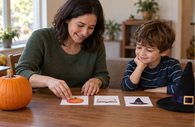 A caregiver and child look at three Halloween picture cards beside a pumpkin, book, and costume hat