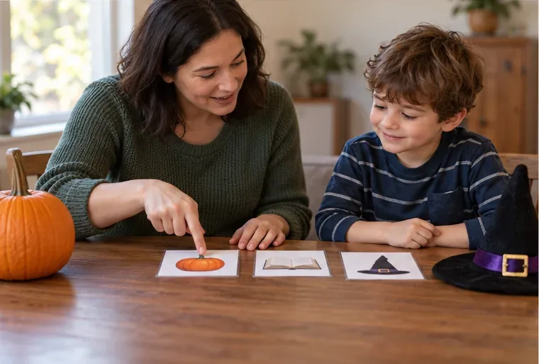 A caregiver points to a pumpkin picture card while speaking as the child watches