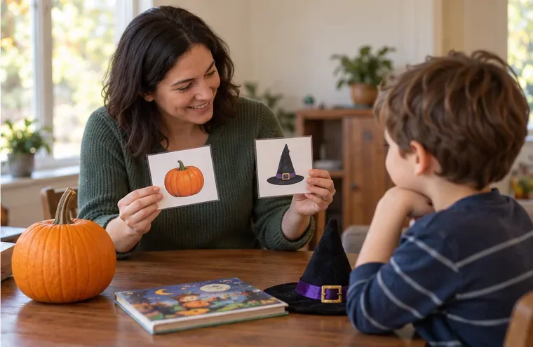 A caregiver holds up pumpkin and costume picture cards while a child looks at both choices