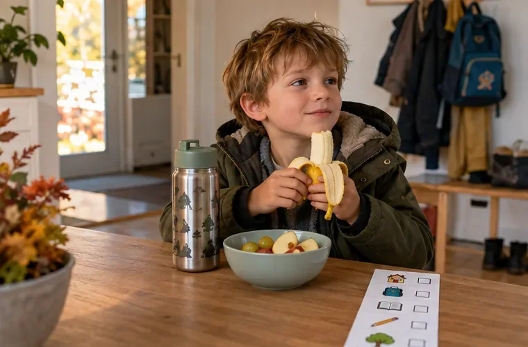 Ein Kind isst nach der Schule einen Snack; daneben liegt eine Bildleiste mit Hausaufgabenschritten.