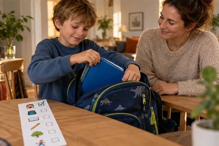 Ein Kind legt eine Mappe in den Rucksack und markiert auf der Bildleiste einen erledigten Schritt.