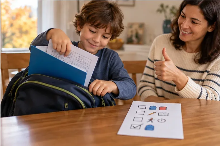 A child slides completed schoolwork into a blue folder inside a backpack while a parent gives a thumbs-up; the visual checklist rests on the table.