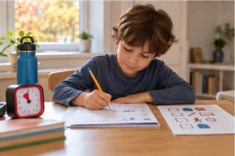A child works on a worksheet at a tidy table with a red timer, water bottle, books, and the visual checklist nearby.