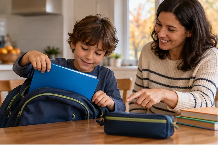 A child places a blue homework folder into an open backpack while a parent sits beside him and points toward the school materials.