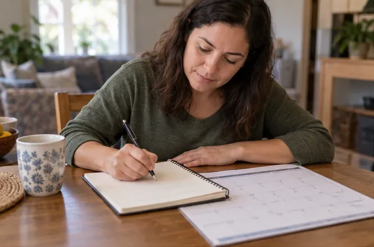 Una madre escribe en un cuaderno junto a un calendario abierto mientras prepara los temas para hablar con el colegio.
