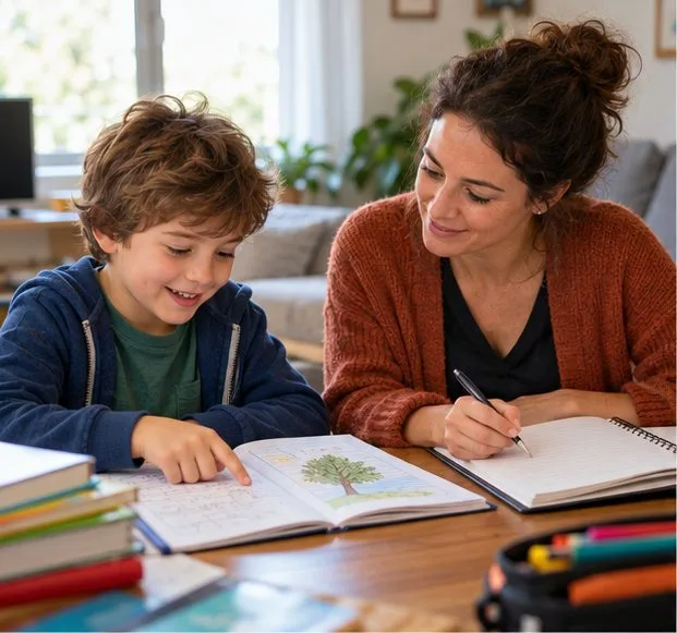 Une enfant regarde son cahier avec un adulte qui note des observations dans un carnet