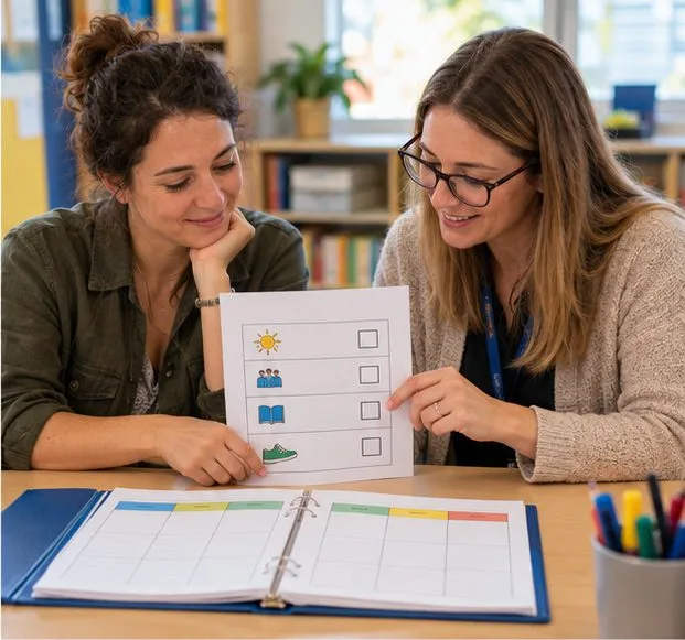 Une famille et une enseignante examinent ensemble une courte liste illustrée et un agenda scolaire