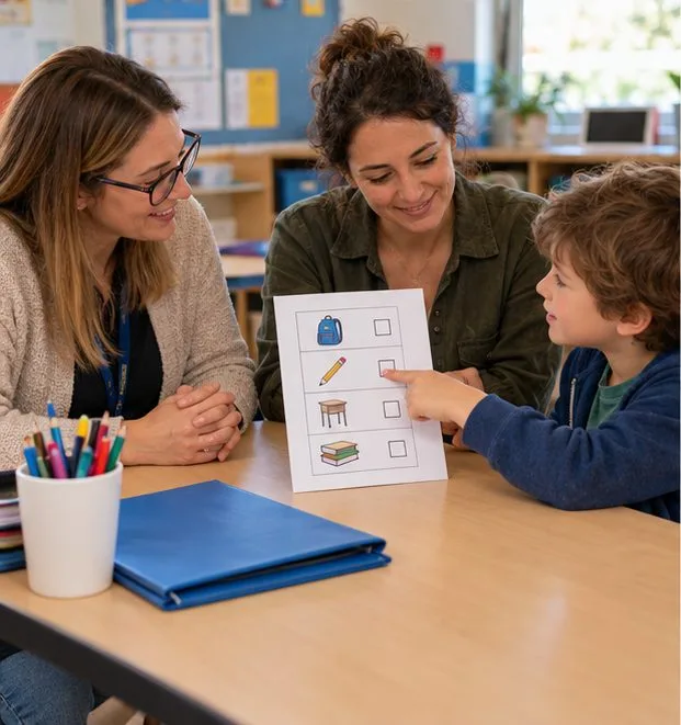 Une enseignante, un parent et une enfant examinent une liste visuelle avec quelques étapes de travail