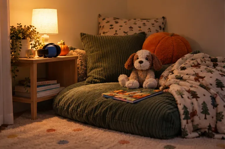 Rincón con cojines, lámpara cálida, libro, peluche, manta y protectores auditivos colocados sobre una mesa lateral.