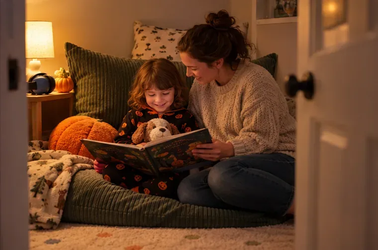 Una niña lee un libro con su peluche junto a una persona adulta en el rincón, con la puerta del dormitorio entreabierta.