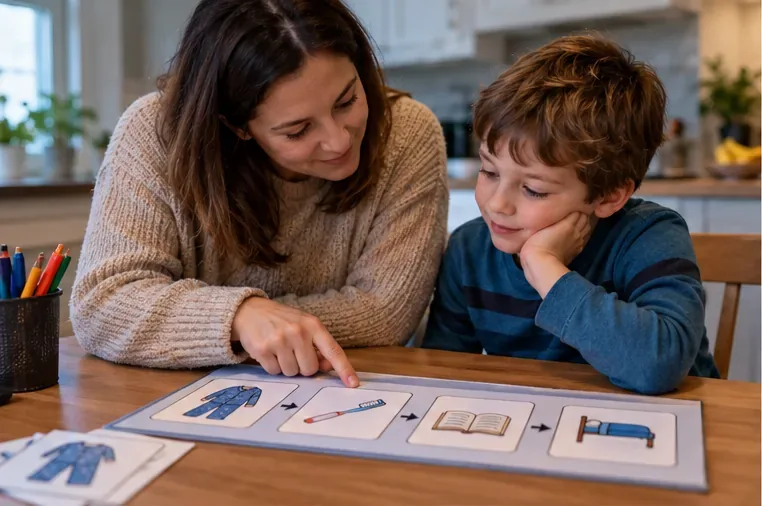 A parent and child looking together at a simple visual sequence with picture cards for parts of a routine.