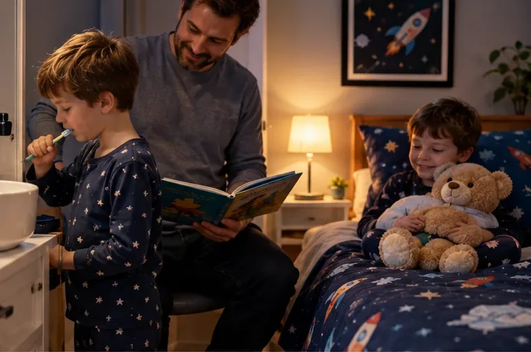 A child brushing teeth while a parent reads nearby, followed by a calm bedtime scene with a stuffed toy.