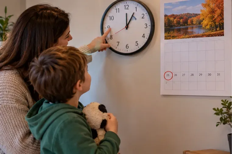 A parent and child looking at a wall clock and an October calendar with the 25th marked.