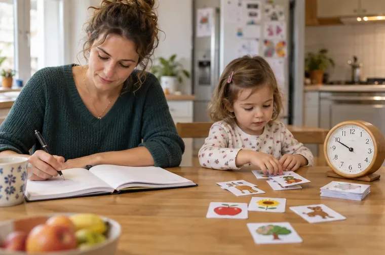 Un parent écrit dans un cahier ouvert pendant qu’un enfant regarde des cartes illustrées, avec une horloge posée sur la table